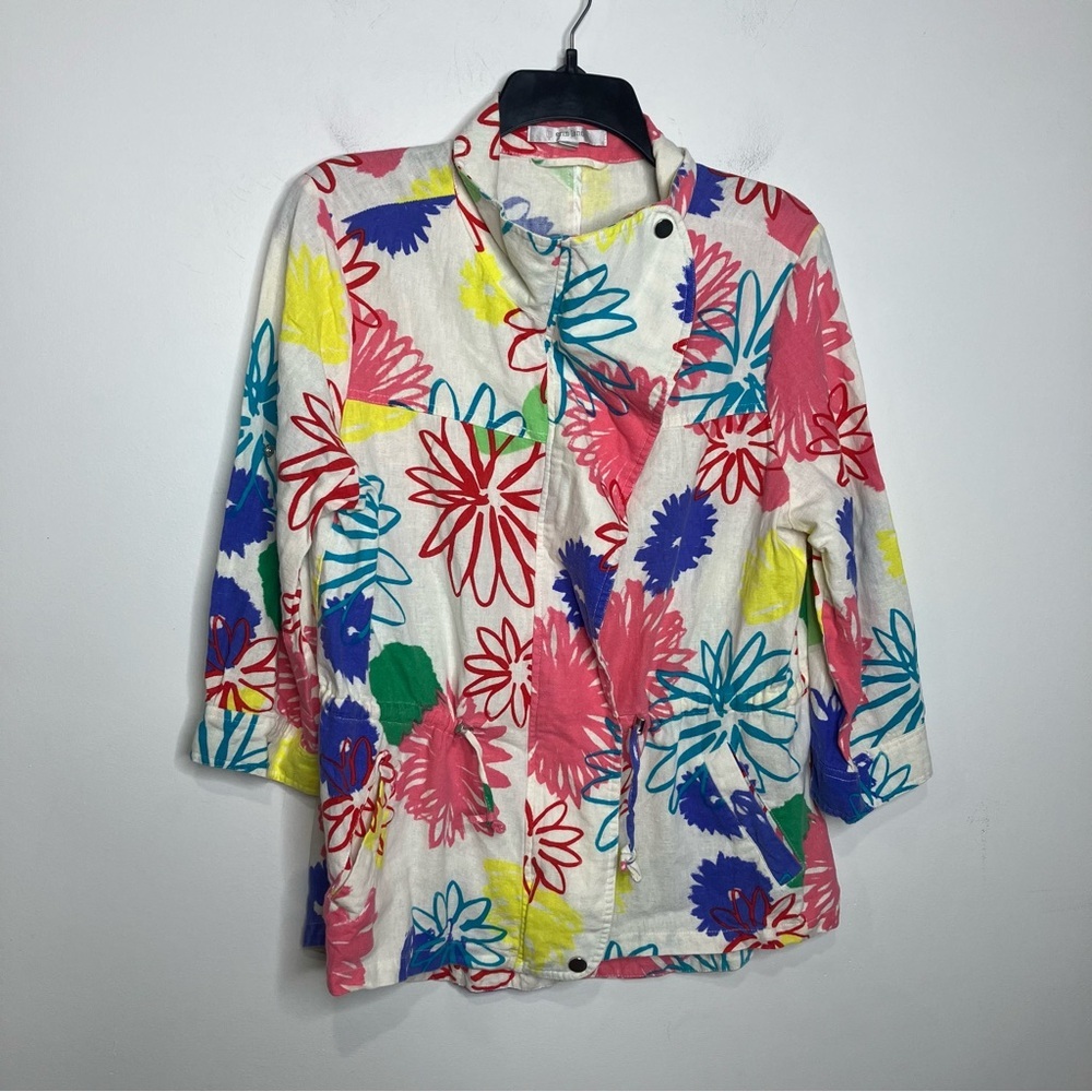 Erin London linen blend full zip jacket‎ 3/4 sleeves multicolored floral size L